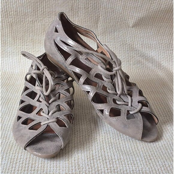 MIA Sandals Cutout Peep Toe Lace Up Gold/ Taupe Comfort Ladies Size 8.5M - Picture 1 of 9